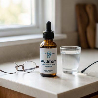 Audifort hearing support supplement dropper bottle on a kitchen counter