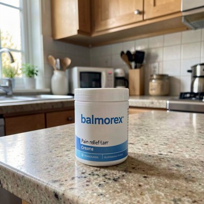 Balmorex Pro topical joint and muscle support cream jar on a kitchen counter
