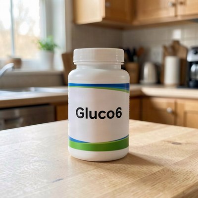 Gluco6 blood sugar support supplement bottle on a kitchen counter
