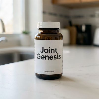 Joint Genesis joint support supplement bottle on a kitchen counter