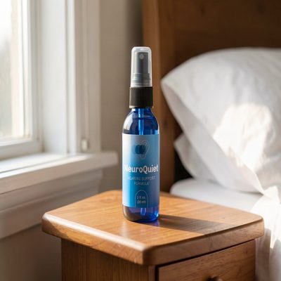 NeuroQuiet hearing support formula bottle on a bedside table