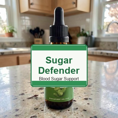 Sugar Defender blood sugar support supplement bottle on a kitchen counter